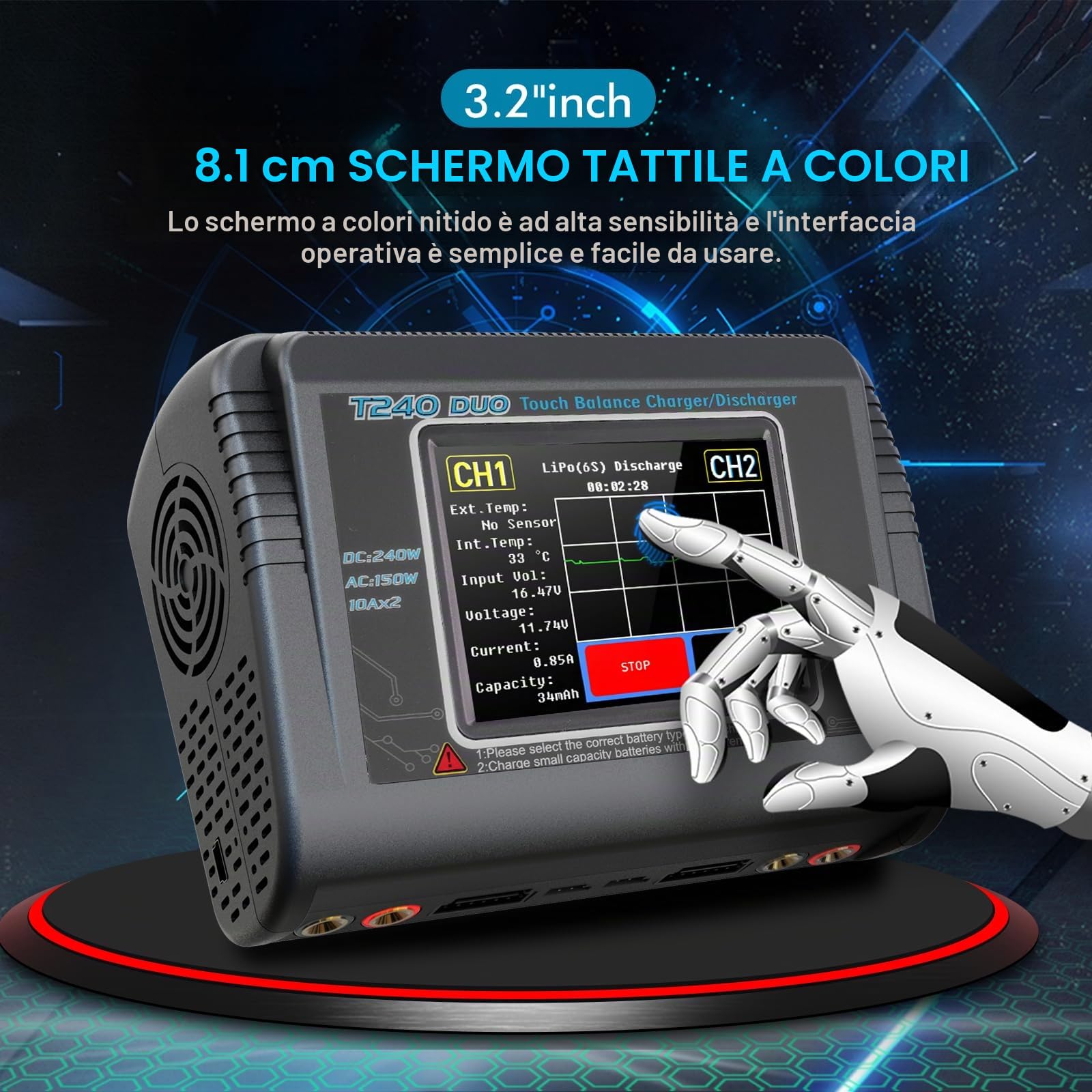 HTRC T240 DUO RC Bilancia caricabatteria / scaricatore per Lilon LiPo LiFe LiHV NiCd NiMH PB Smart Battery Dual Multi caricabatterie AC 150W / DC 240W 10A