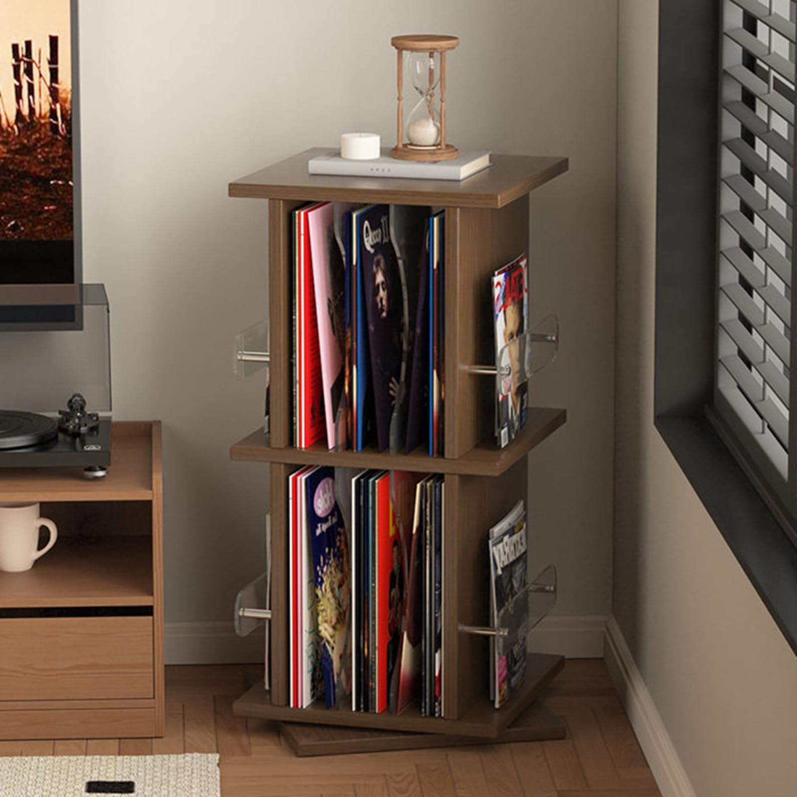 Porta Dischi in Vinile Girevole, Torre Porta CD Girevole a 2 Livelli in Legno, Rotazione Fluida a 360°, Ripiani in Acrilico Regolabili, capacità 25-56 CD, per Libri, Riviste, Dvd