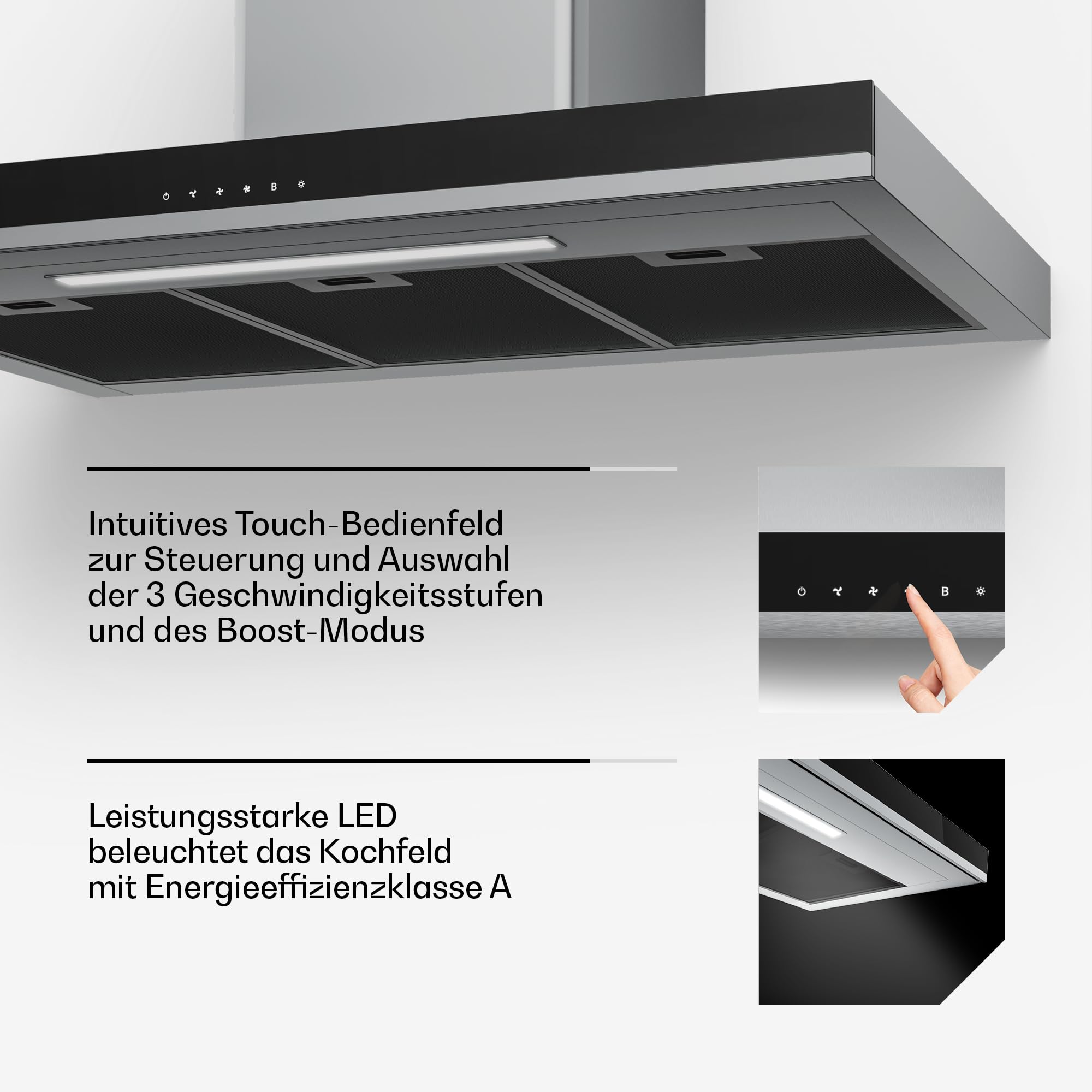 Klarstein Verosteel Dunstabzugshaube 90cm - 881,6 m³/h, A++ Energieeffizienz, Touch-Bedienung, LED, Edelstahl & Glas, 3+Boost Stufen, leise, spülmaschinenfester Filter, abzugshaube