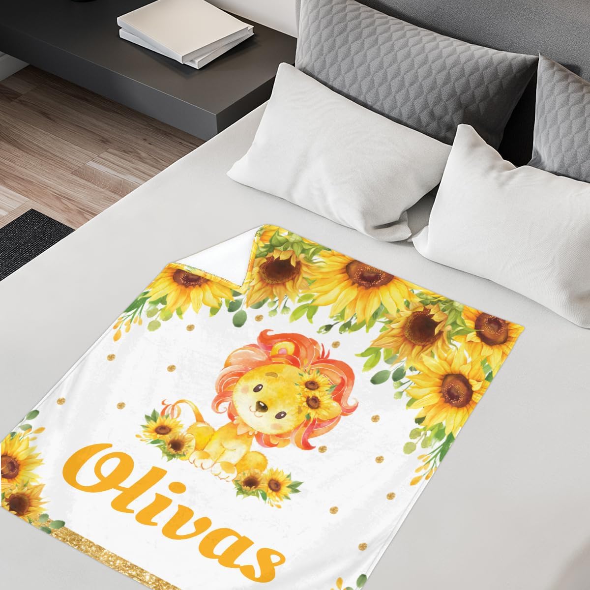 Personalized Baby Blankets for Girls Boys, Custom Baby Blanket with Name Swaddle Toddler Fleece Blanket Personalized Gift Lion Sunflower Floral