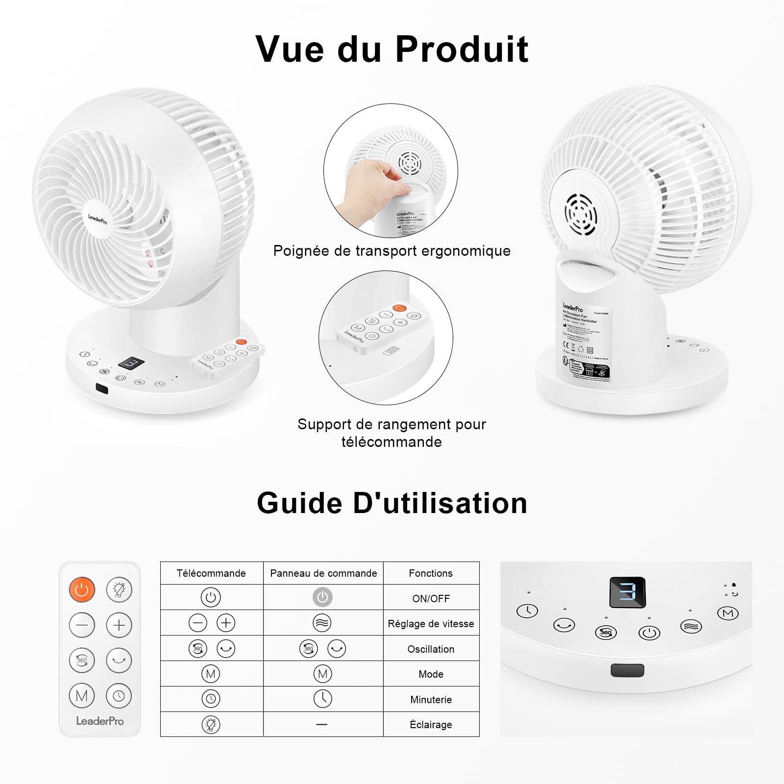 LeaderPro Ventilateur de Table avec Télécommande, 32 W, Ventilateur Silencieux avec 4 Vitesses, Minuterie 8 h, Oscillation à 70°, pour Bureau et Chambre à Coucher, Blanc, Débit d’Air 804 m³/h