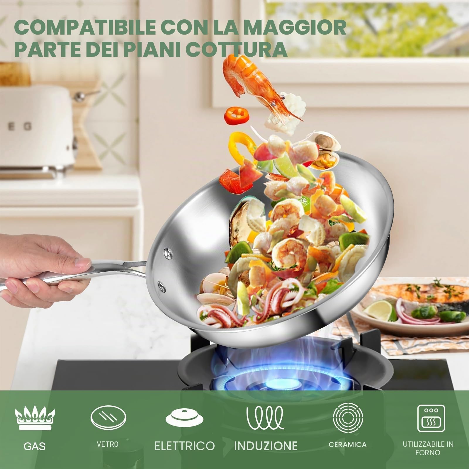 Set di pentole e padelle in acciaio inox a 3 strati - Set di pentole da 11 pezzi con coperchi in vetro - Set di pentole e padelle a induzione - Set di pentole e padelle, adatto al forno, senza PFOA