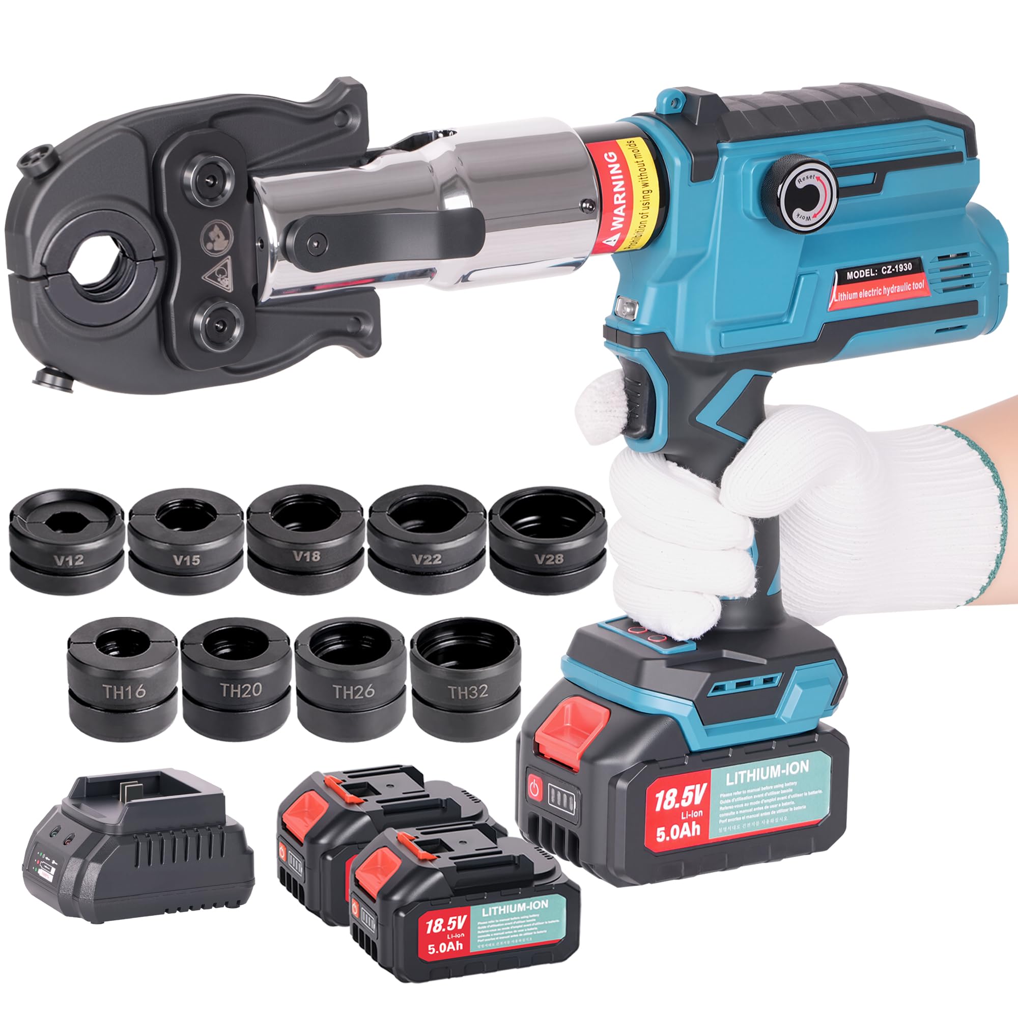 AMZCNC 18V Akku Presszangen Set V-Kontur Und TH-Kontur, für Kupferrohr, Edelstahlrohr, Edelstahlrohr Und Verbundrohr Backeneinsätze V12 V15 V18 V22 V28 Und TH16 TH20 TH26 TH32 incl