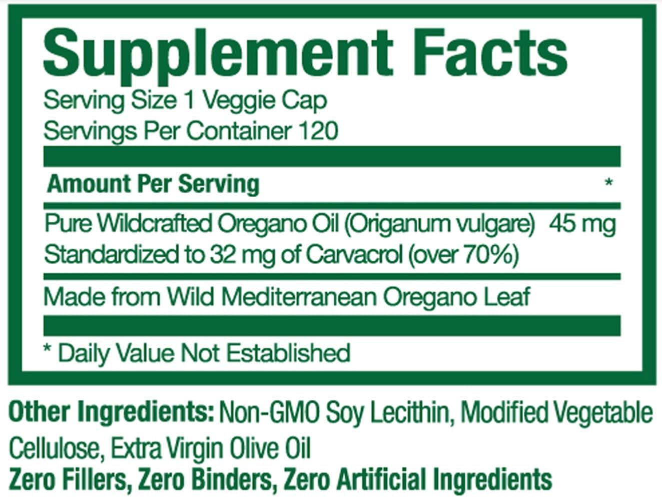 Wild Oregano Oil Capsules - 120 Liquid Veggie Softgels - Pure Standardized Wild Oregano Leaf Extract offers 70% Carvacrol (32 mg) for Immune System Health - Non GMO, Vegan, Gluten Free