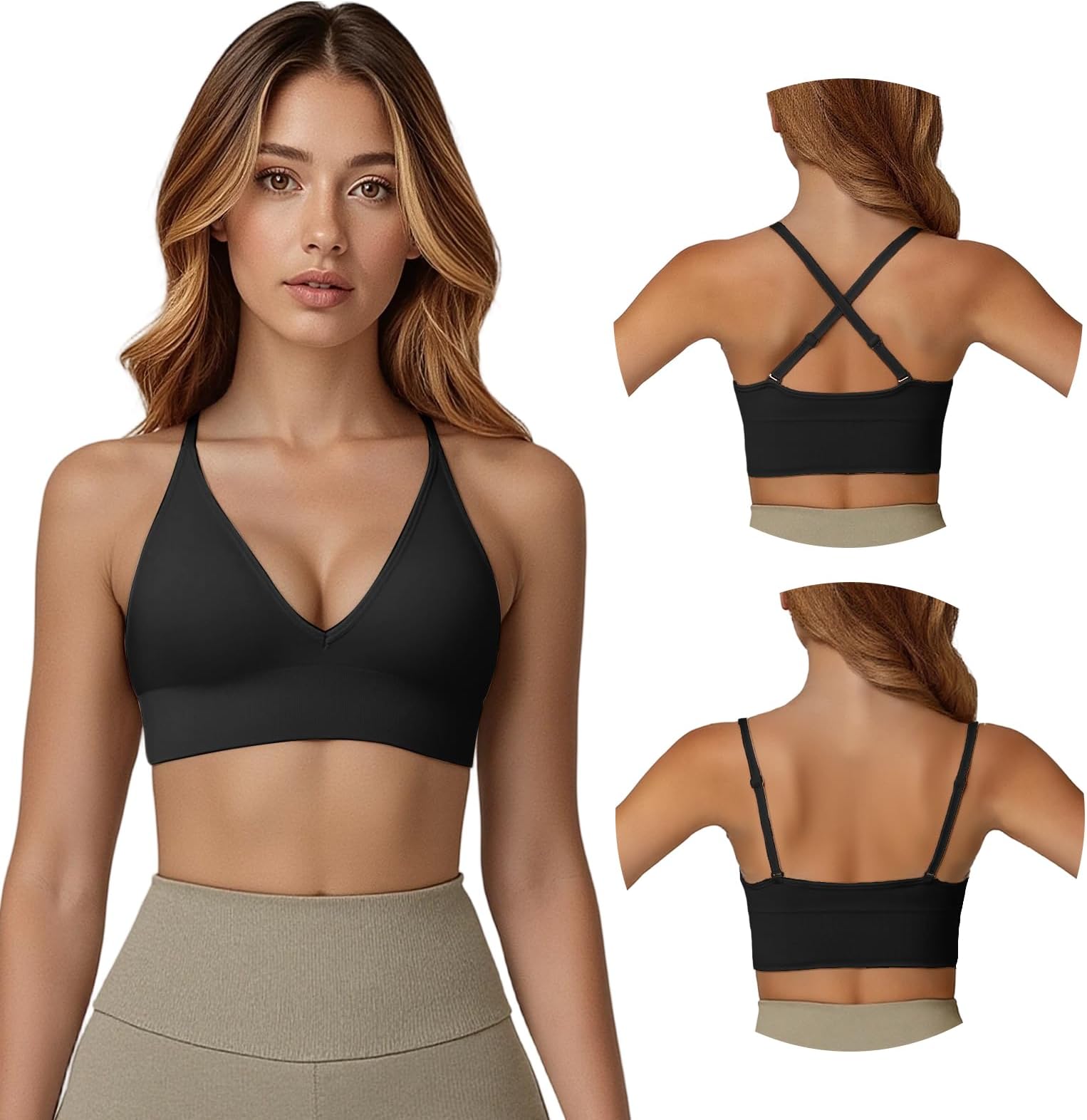 Deep V Sports Bras Women, Sports Bra with Adjustable Spaghetti Strap, Non Wired, Removable Pads, Stretchy Padded Sports Bra for Yoga, Running