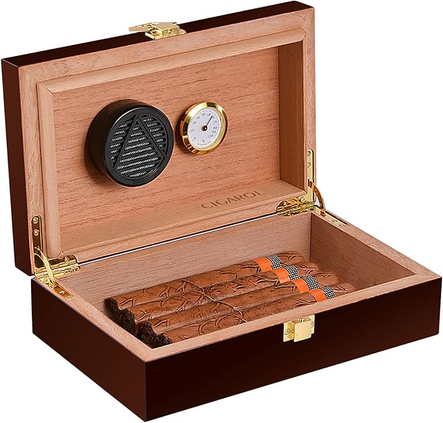 Volenx Desktop Cigar Humidor for 15-20 Cigars, Super Sealing Humidor Cigar Box Travel, Handcraft Spanish Cedar Wood Cigar Case Cigar Accessories Gift Box with Hygrometer and Humidifier(No Cigar)