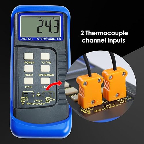 Miniatura 4 de Termómetro de Termopar Digital Tipo K para HVAC, Termómetro de Doble Temperatura con 4 Termopares, Medición de Temperatura MÁX/MÍN/PROM, -50~1300°C