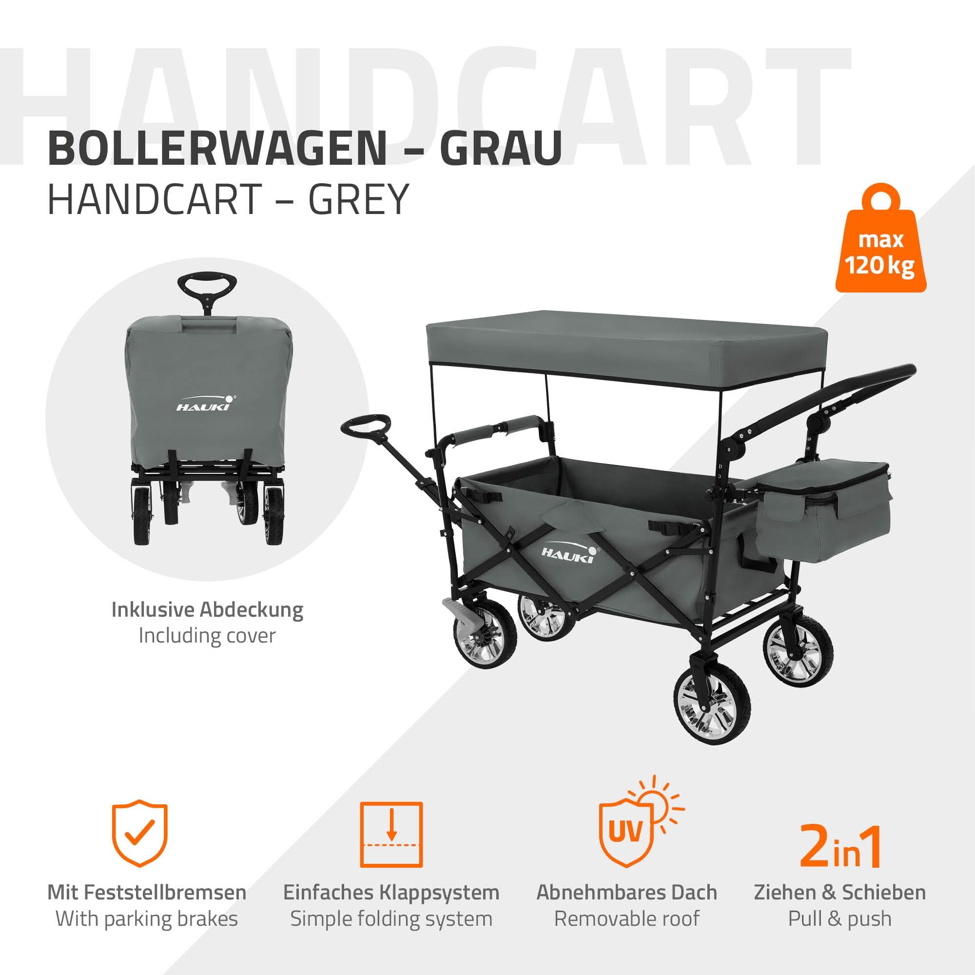 Hauki Chariot de Transport Pliable à Main avec Toit, Gris, Poussette de Plage Jardin avec Sac et Siège à 2 Places, Roulette avec Freins, Pivotante à 360°, Charge Max. 120 kg, pour Enfants/Outils