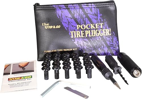 Stop & Go 1081 Kit de reparación de neumáticos de 28 piezas sin cámara con tapones de reparación más grandes, boquilla y sonda (20 enchufes)