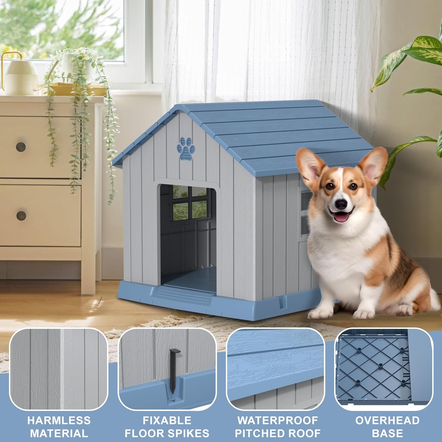 PatioZen 38 Inch Dog House Indoor Outdoor Dog Kennel for Small Medium Large Dogs Weather Water Resistant Pet House with Air Vents and Elevated Floor (Blue, 38INCH (37.8 * 40.87 * 38.82IN))