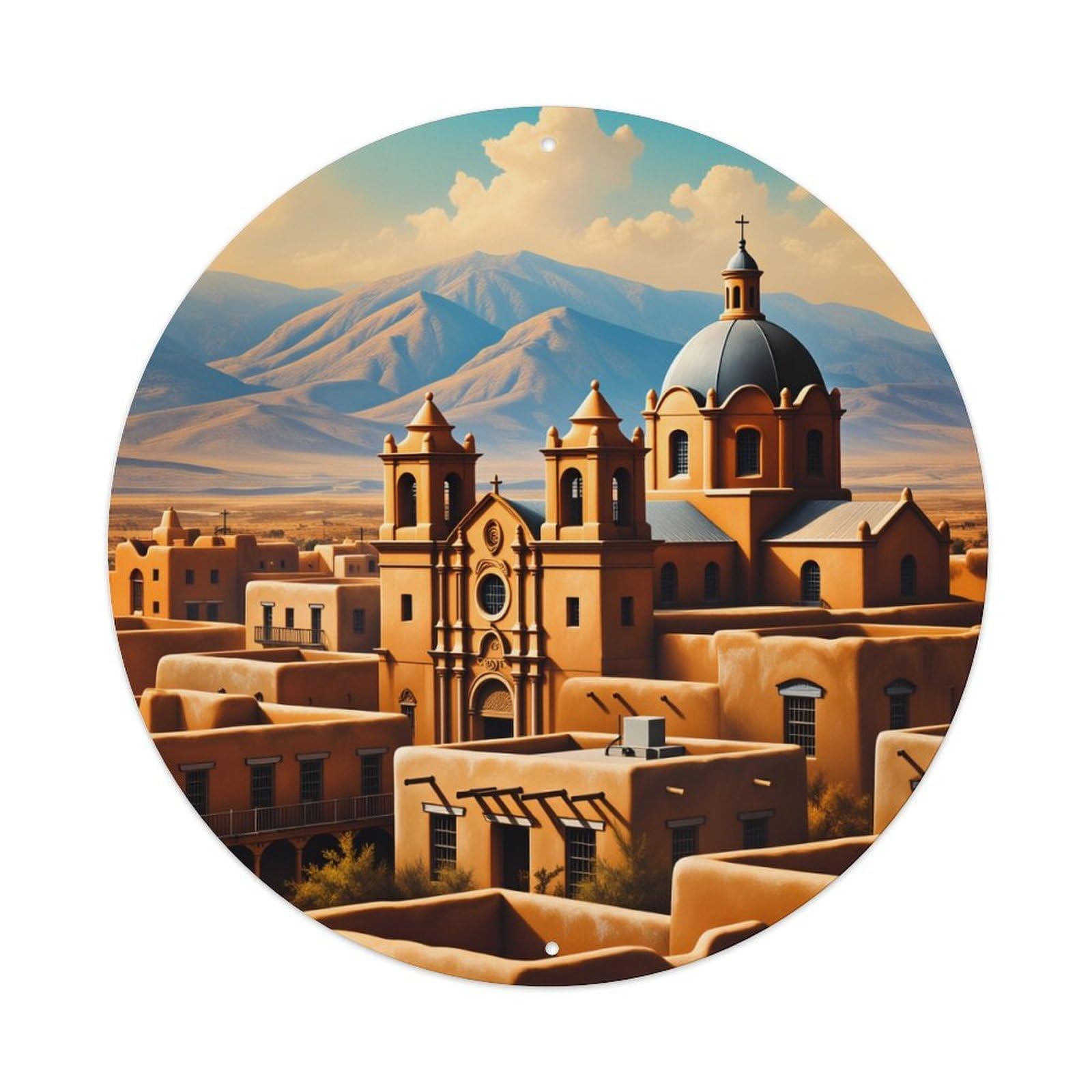 Desert Church Landscape Mountain Sky Round Tin Sign Vintage Metal Poster Retro Bar, Home, Man Cave, Kitchen, Laundry Room Wall Art Decor Gift 8x8Inch