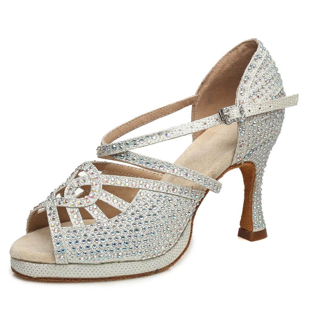 Zapatos de Baile Latino Mujer con Plataforma Zapatos de Baile Salsa y Bachata de Salón Punta Abierta,Modelo YC-L458