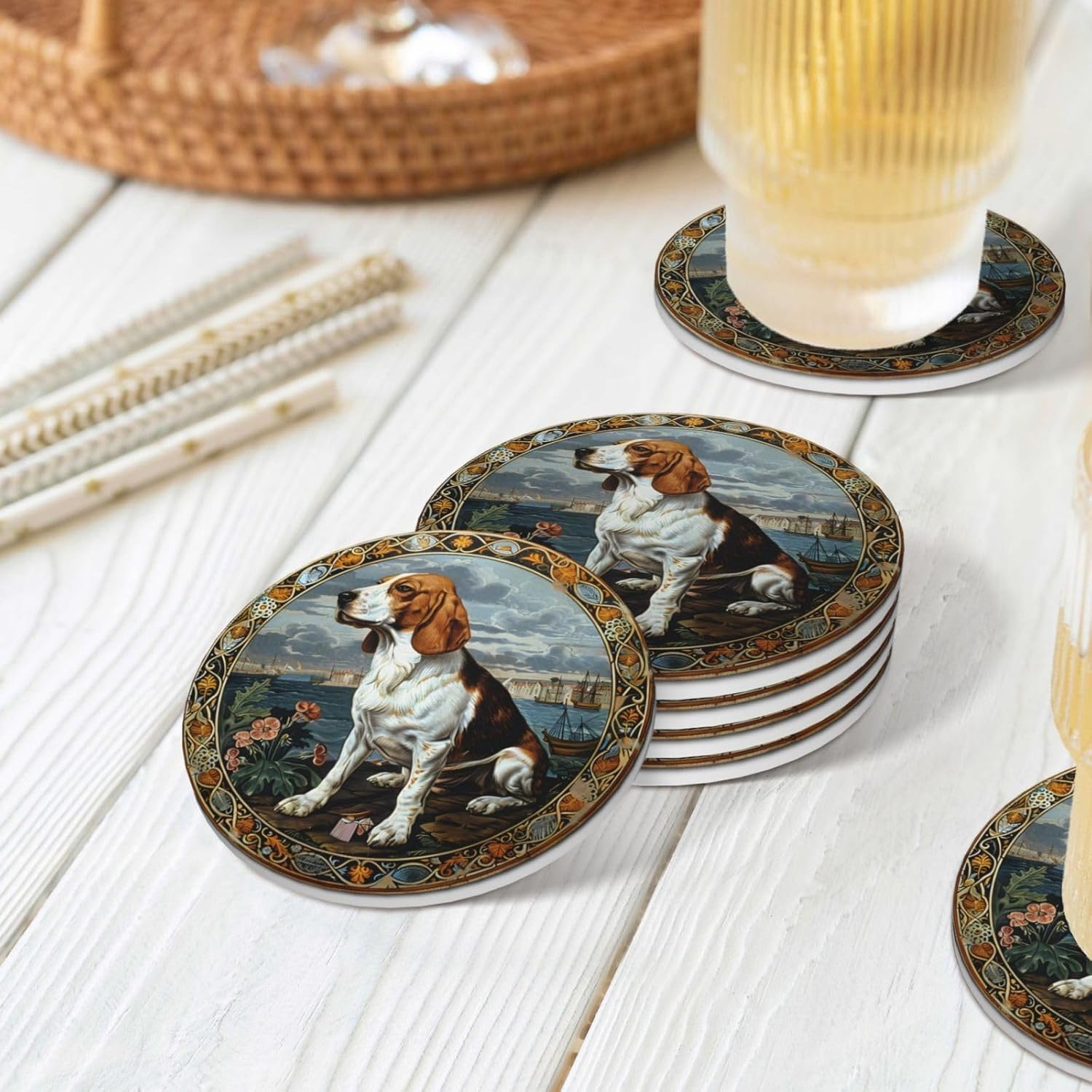 Beagle Elegant Cool Outdoor Table Wine Cup Coasters Set of 4 Kit, Art Decorative Round Drinks Tea Coasters for Living Room Bedroom Patio Bar Dining Glass Or Wooden Coffee Table Office Desk