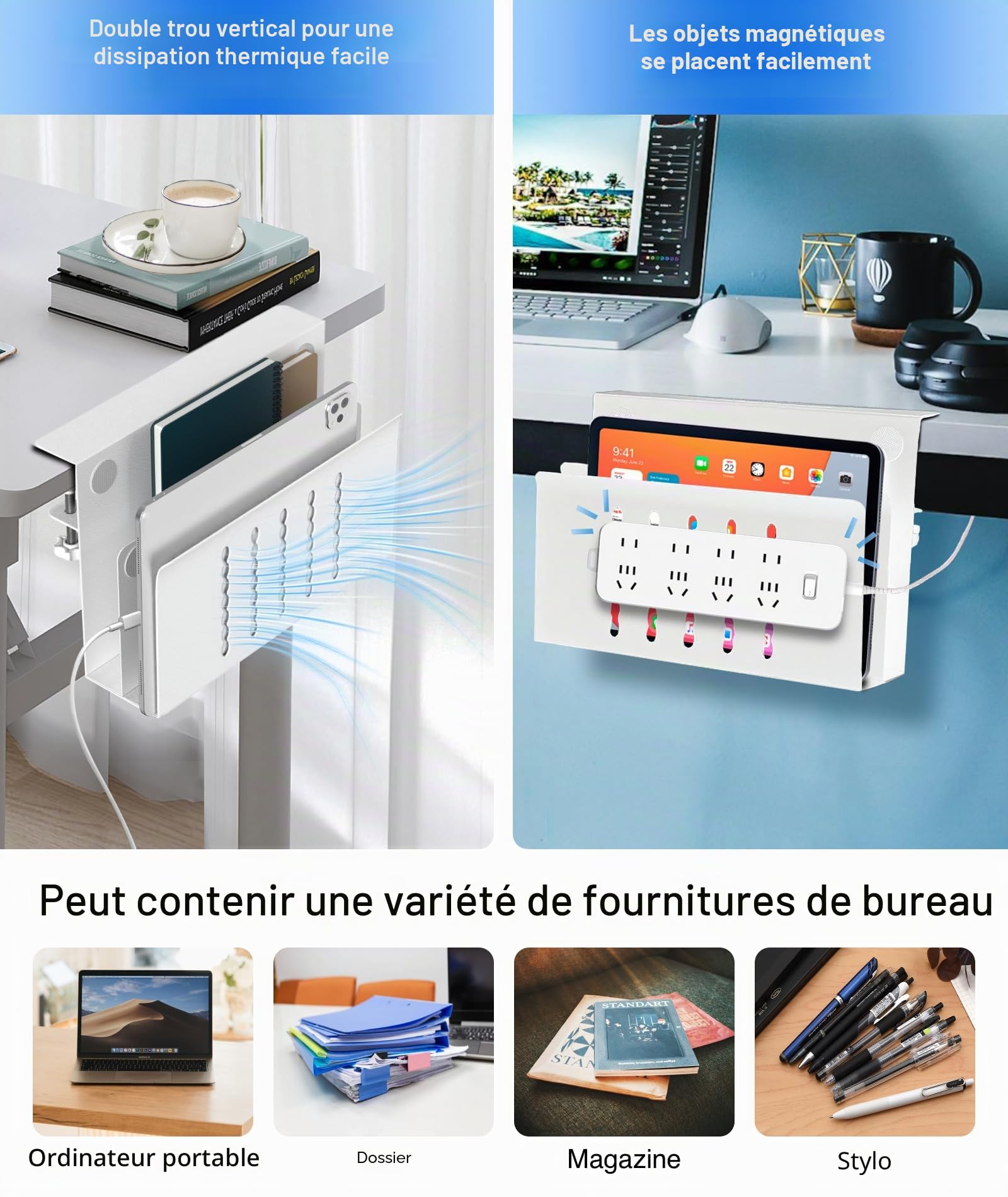 Rangement LatéRal de Bureau, Couche Double Rangement Sous Bureau Avec Porte-Stylo Magnétique Sans Perceuse Compartiment de Gestion Des CâBles en Acier Support pour Ordinateur Portable Maison