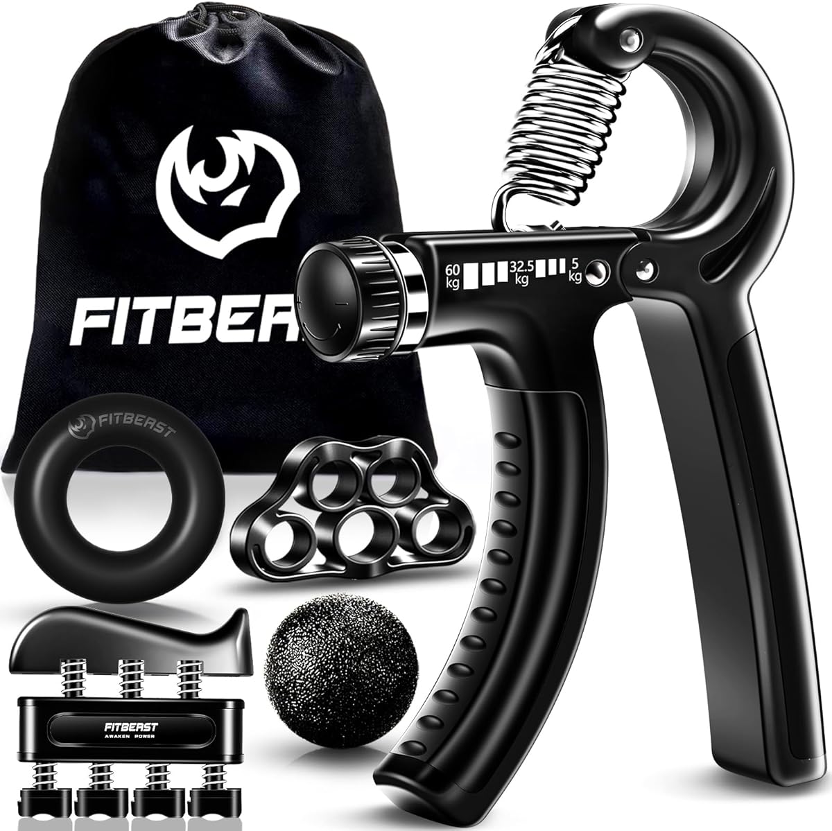 FitBeast Hand Grip para Antebrazo Ejercitar – Paquete de 5 Piezas, Fortalecedor de Agarre de Manos Ajustables, Ejercitador de Manos, para Estirar Los Dedos, Anillo para Entrenar y Pelota Anti Estrés