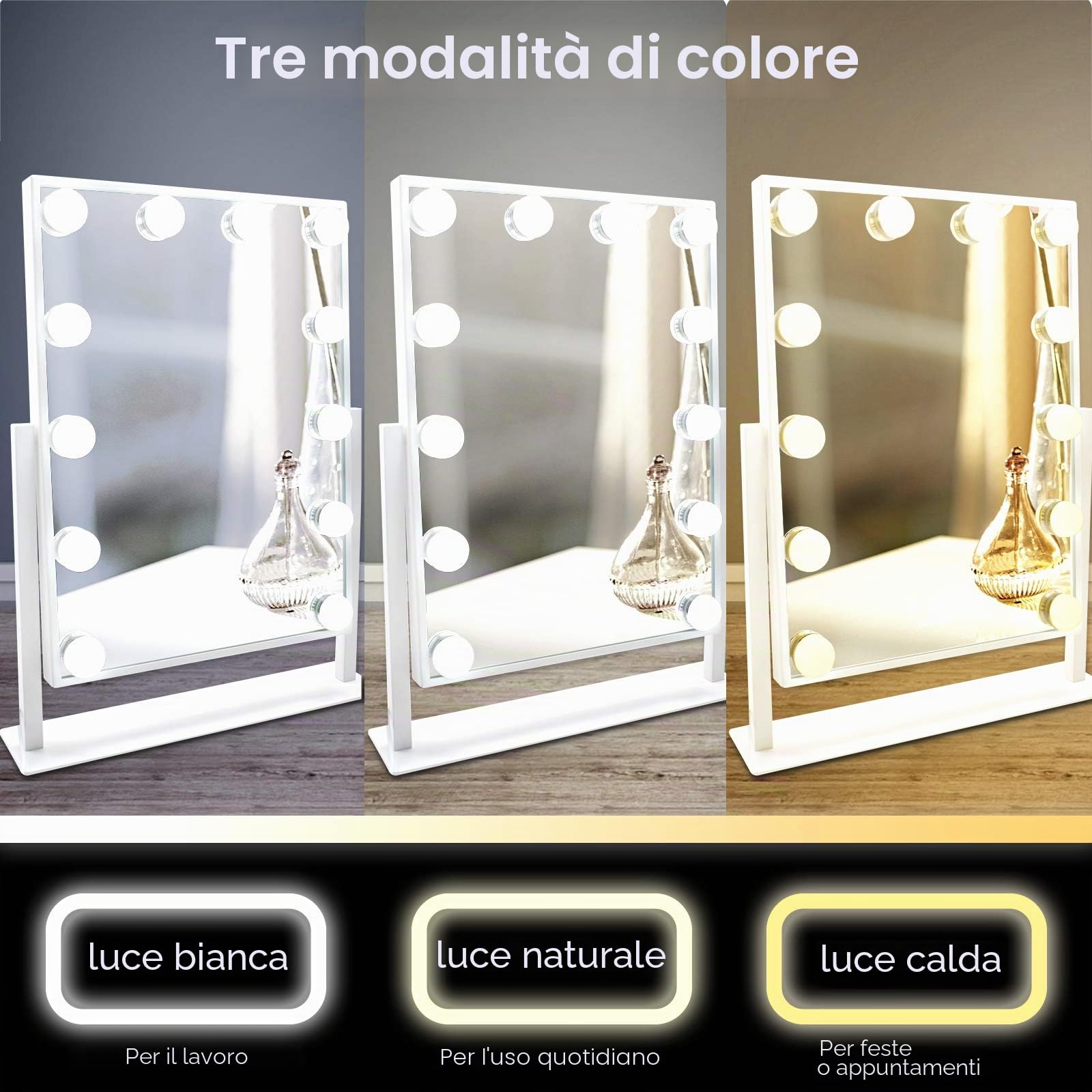 TUREWELL Hollywood - Specchio da trucco con luci, grande specchio illuminato con luce a 3 colori e 12 lampadine a LED dimmerabili, schermo touch intelligente e rotazione di 360 gradi