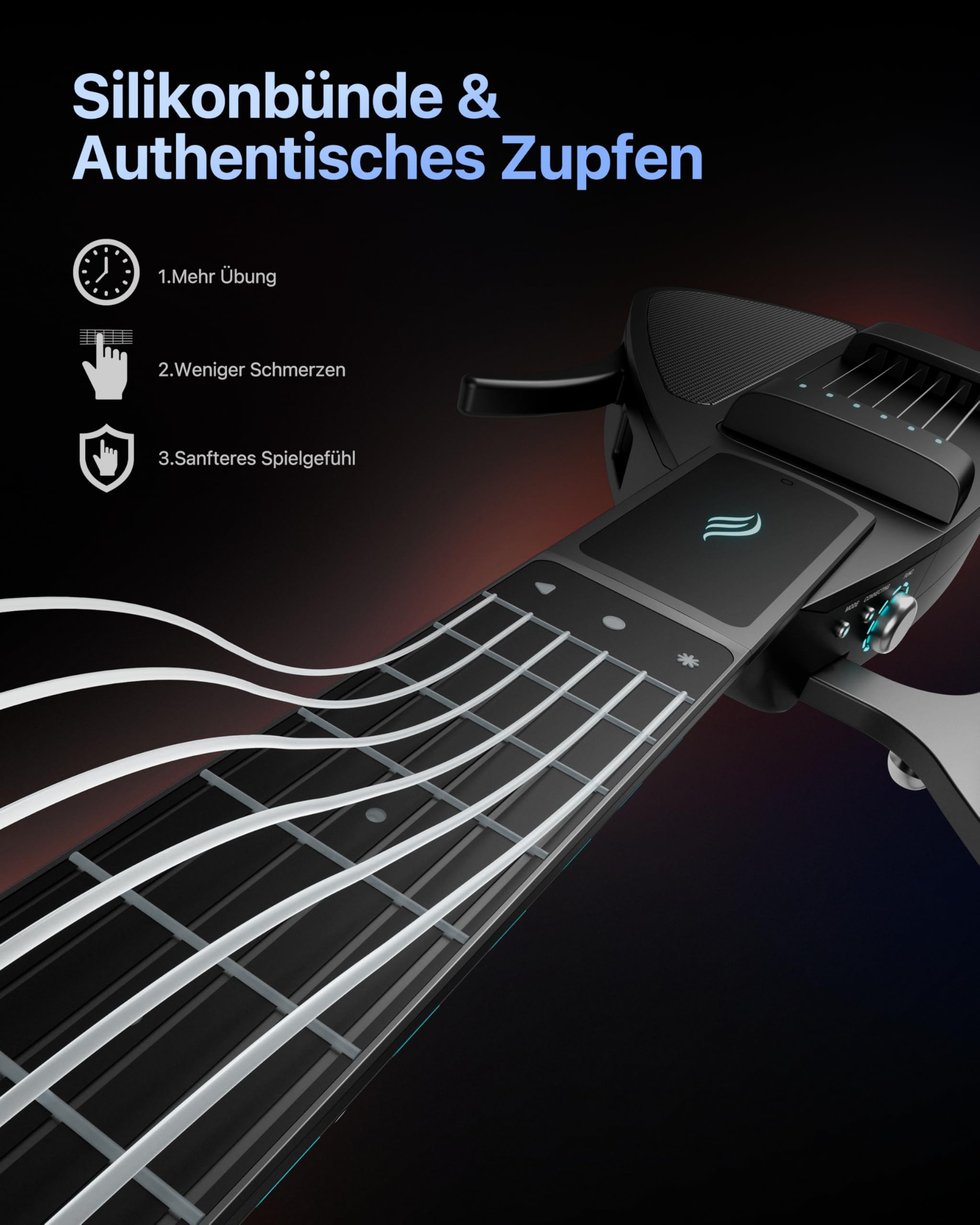 Enya CYBER-G Smart Gitarre – mit Silikonsaiten, 24 integrierten Sounds, schwarze leise Reise Anfänger Gitarre mit Lautsprecher, Drum-System, App & interaktiven Akkorden für Erwachsene & Teenager