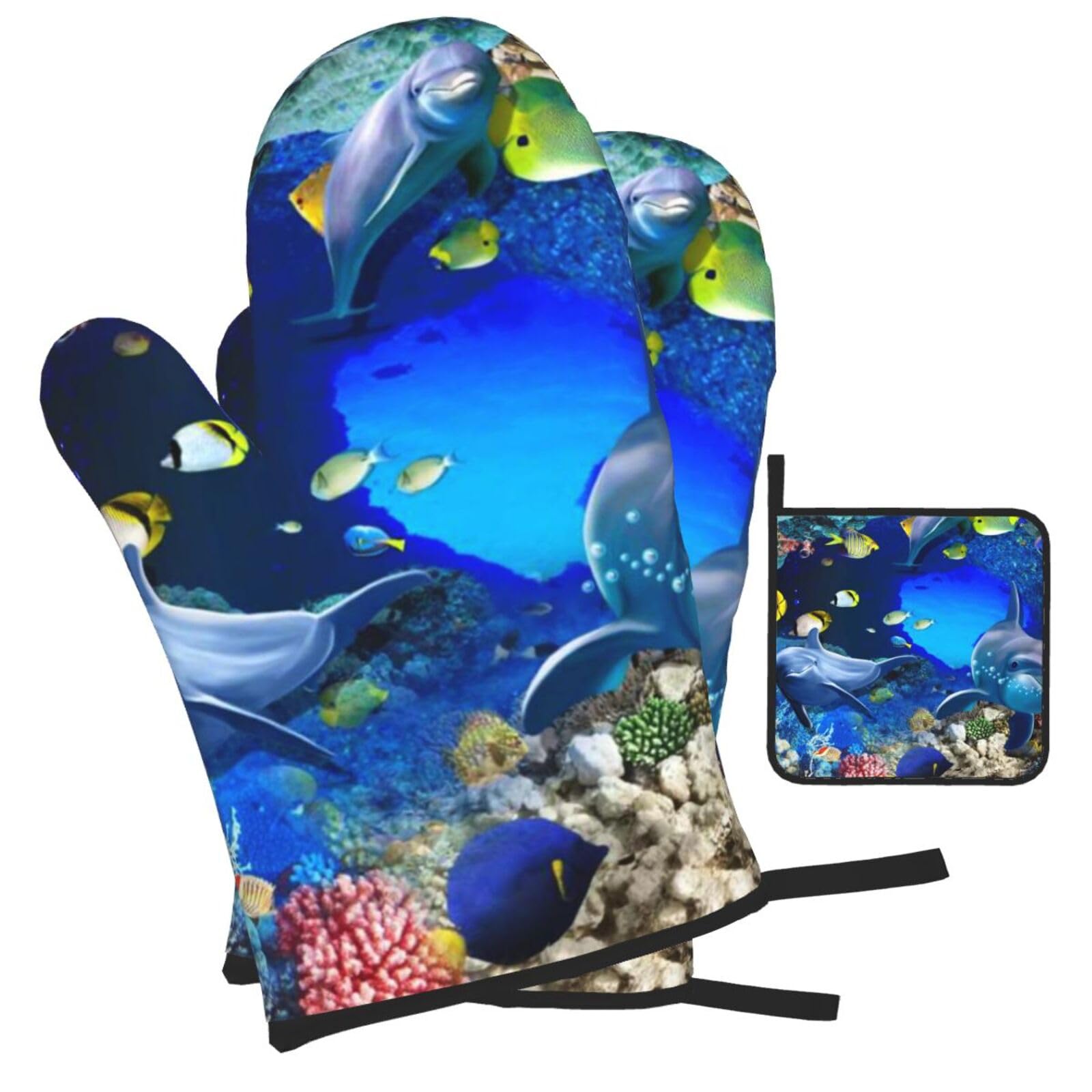 Underwater World Dolphin Printed Oven Mitts and Pot Holders Heat Resistant Set of 3 Pcs, Modern Kitchen Gloves & Potholders for Cooking Baking Grilling