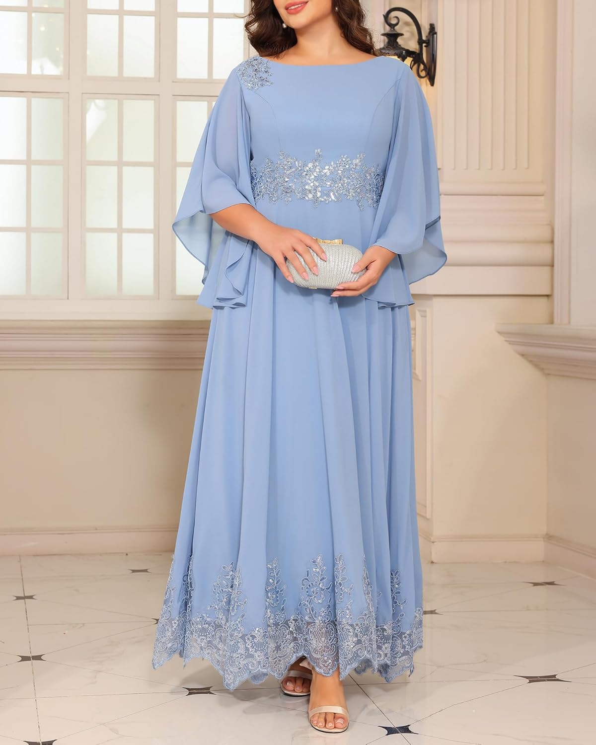 Chiffon Long Sleeve Mother of The Bride Dresses Lace Appliques Round Neck Sequin Formal Dress PUS056