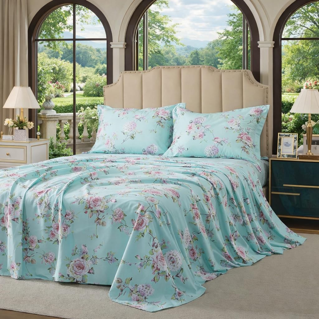 FADFAY Sheets Set Twin XL Shabby Floral Bedding Premium 100% Cotton Super Soft Elegant Farmhouse Bedding Vintage Blue Green Floral Bed Sheet Set Deep Pocket Fitted Sheet 4Pcs, Twin XL for Dorm Room