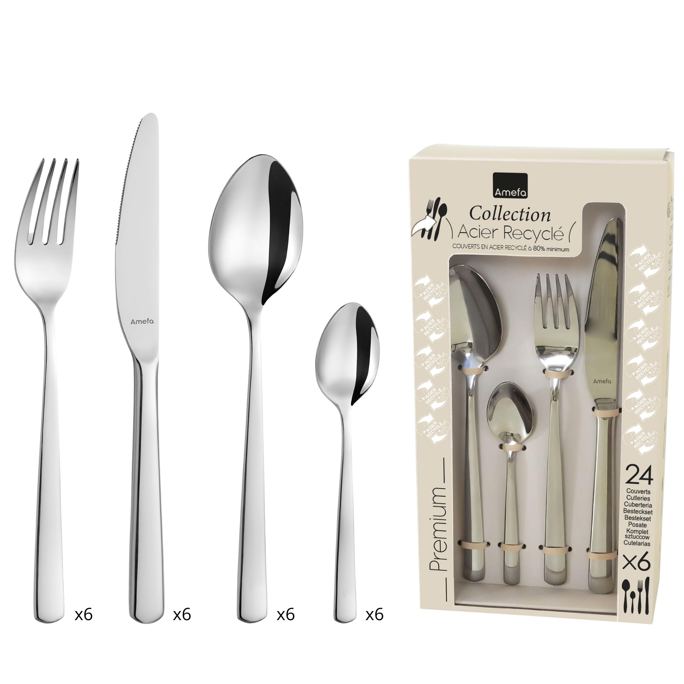 Amefa Phoenix - Cubertería, 24 cubiertos de mesa, para 6 personas, acero inoxidable reciclado 18/0, acabado espejo