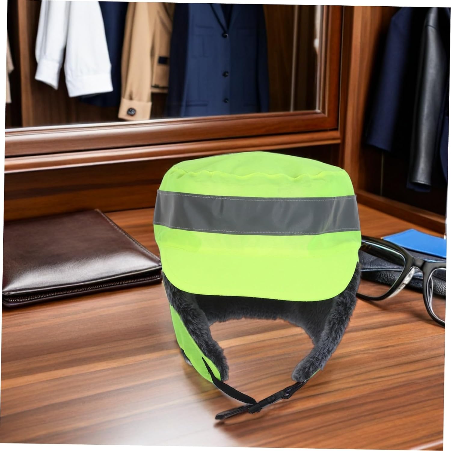 Reflective Thermal Winter Hat with Fleece Lining, 58-60cm Green Cap | Windproof Ear Flap, High Visibility for Hunting and Sports, Minimalist Style