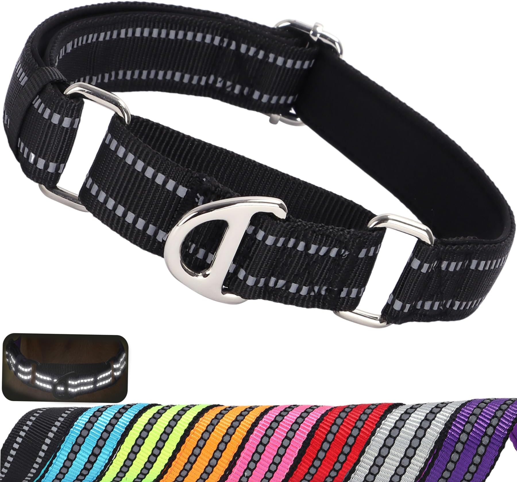 Martingale Dog Collars for Large Dogs, No Pull Choke Collar with Reflective Nylon - Padded Comfort &- Adjustable Safe Dog Collar No Buckle for Nighttime Walking & Training -Black L