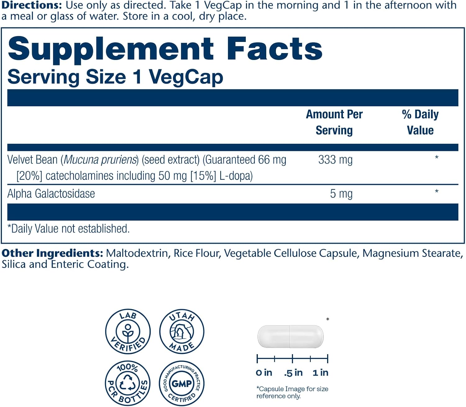 SOLARAY Dopabean 333mg - Mucuna Pruriens L-Dopa - Wellness Support Supplement - Velvet Beans Seed Extract with 15% L Dopa Plus Alpha Galactosidase - Enteric Coated, 60-Day Guarantee - 60 Servings