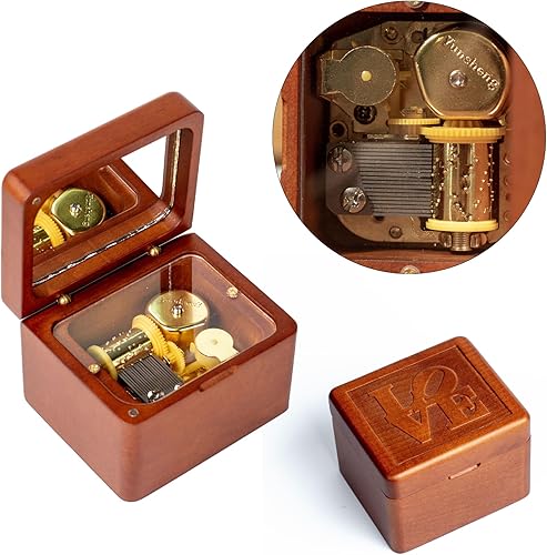 DANVON Caja de música de madera maciza con mecanismo de cuerda antigua, caja musical grabada con espejo, regalo de Navidad, cumpleaños, día de San
