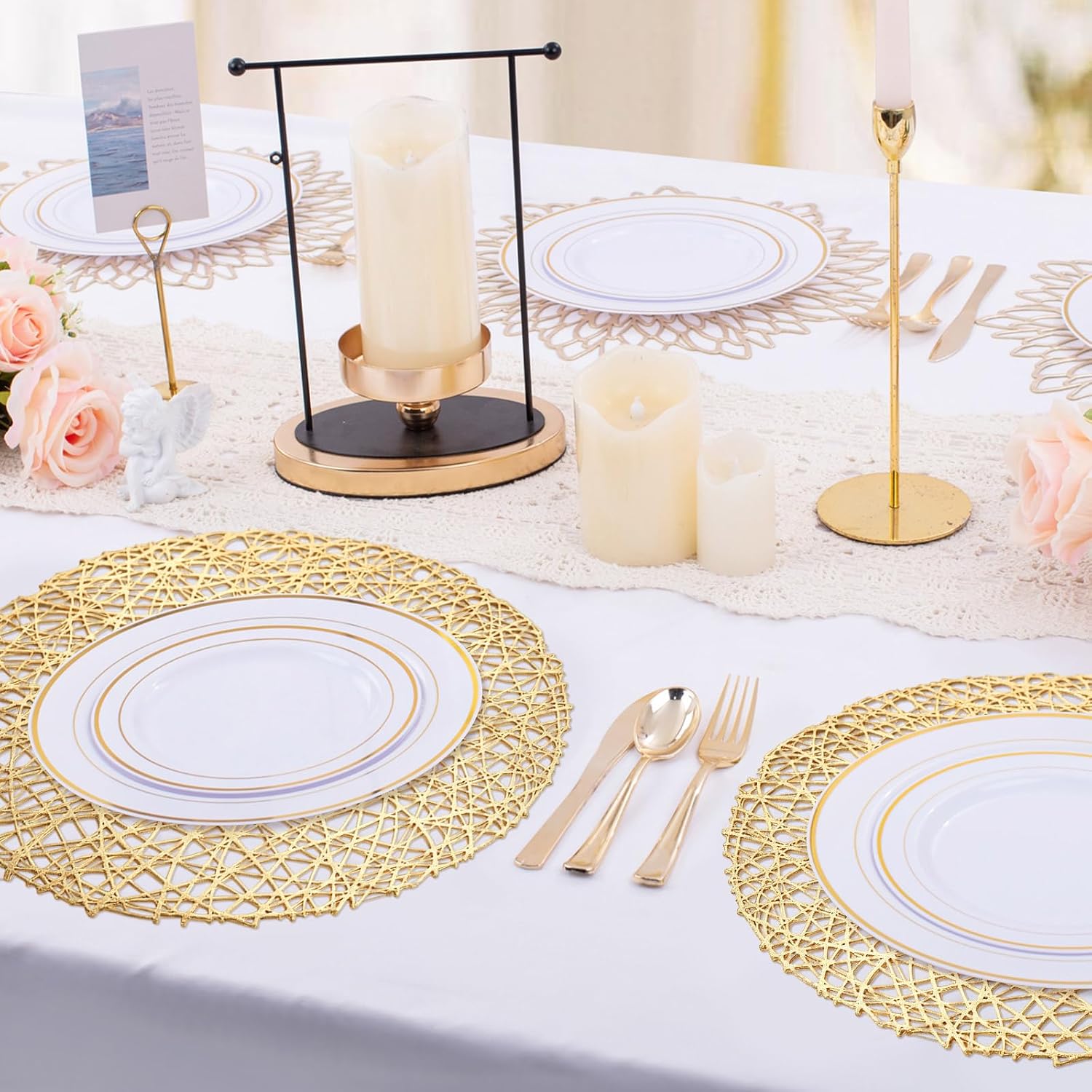 10Pcs Gold Placemats Round, Heat Resistant Woven Gold Placemats Hollow Out Pressed for Party Dinner Table