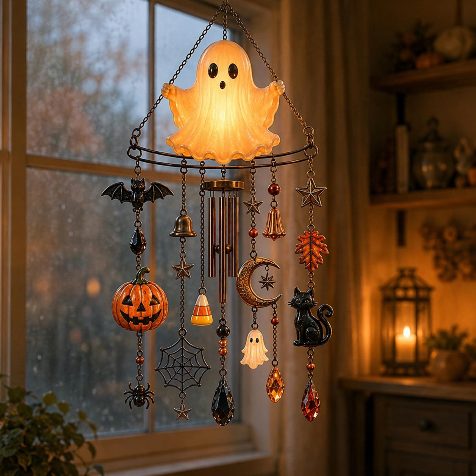 Glow in The Dark Ghost Halloween Wind Chime with Lighted Ghost Pumpkin