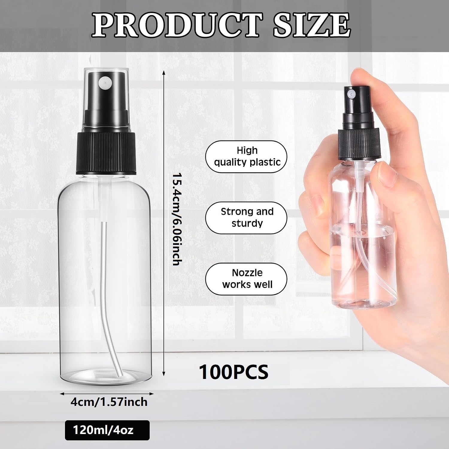 Kigley 100 Pcs Small Spray Bottle Bulk 4 oz Plastic Empty Mist Spray Bottles for Essential Oils Fine Mist Sprayer Reusable Refillable Portable Travel Containers for Perfume Cleaning Samples(Clear)
