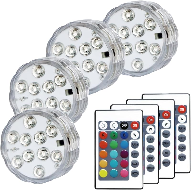 Luces LED sumergibles para piscinas enterradas y sobre el suelo, 16 colores, 4 modos, luces LED subacuáticas con pilas con control remoto para decoración de cubos de camping, estanque de pileta (paquete de 4)