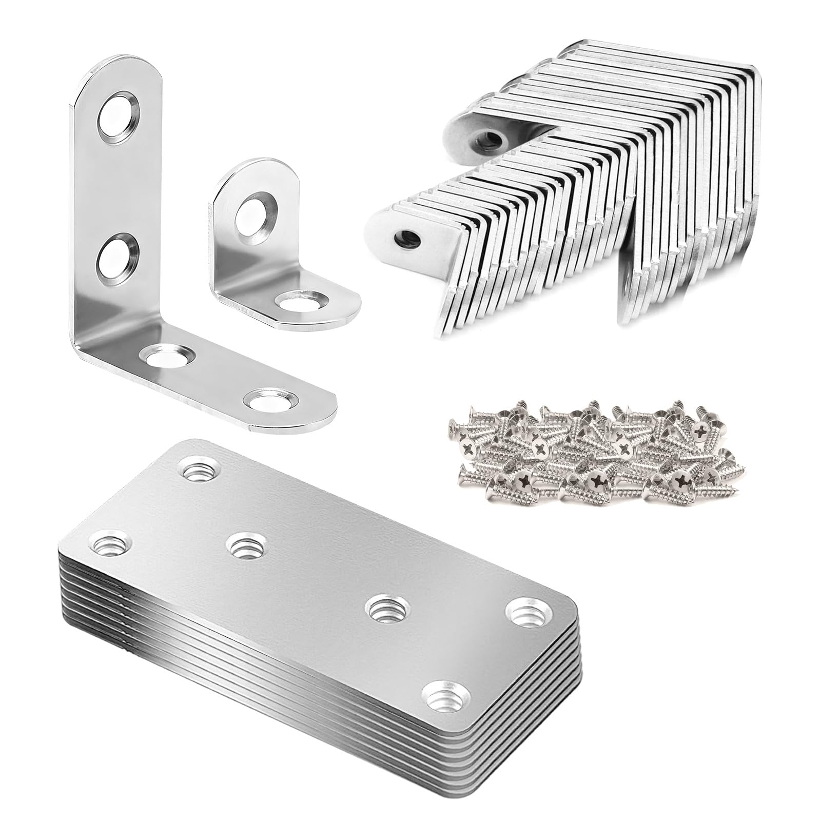 44PCS L Brackets for Wood, Joining Brackets Flat Joining Plates Corner Braces with 152 Screws for Furniture Fixation (20×20mm, 40×40mm, 80×40×2mm)
