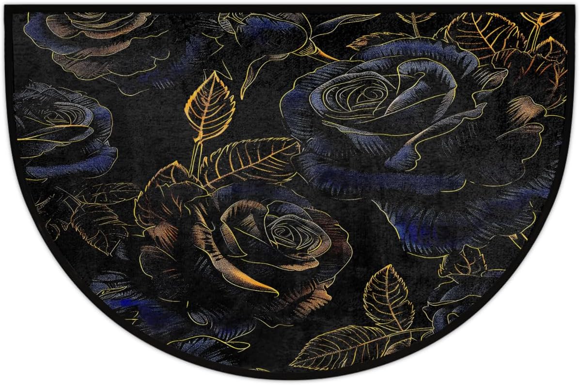 Half Round Door Mat Blue Gold Rose Flower Semi Circle Area Rug Washable Half Moon Bathroom Rugs Entryway Rug for Indoor Outdoor Kitchen Hearth Fireplace Floor Welcome Carpet Low Profile