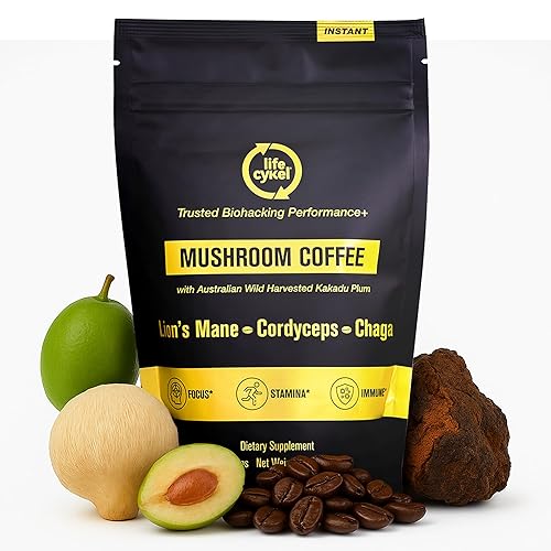 Café de hongos Lifecykel - Mezcla de arábica con melena de león, extracto de chaga, Cordyceps y ciruela Kakadu  Enfoque  Adaptogénico, suave y sin