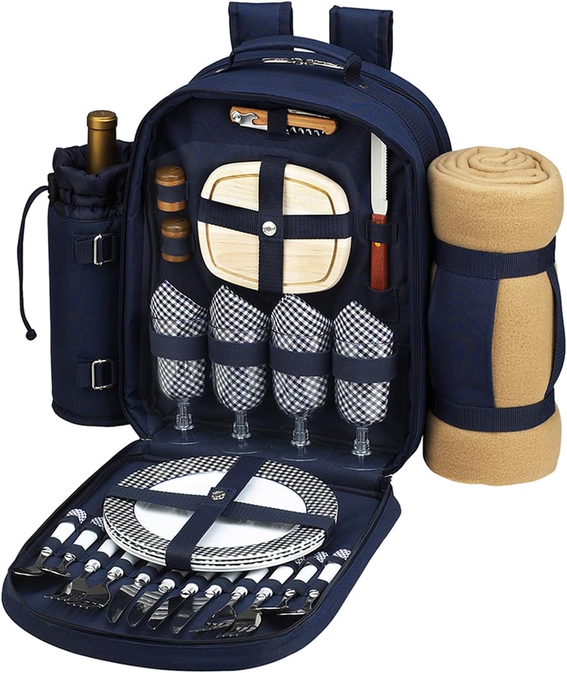 Picnic at Ascot Original Equipped 4 Person Picnic Backpack with Cooler, Insulated Wine Holder & Blanket - Designed & Assembled in the USA