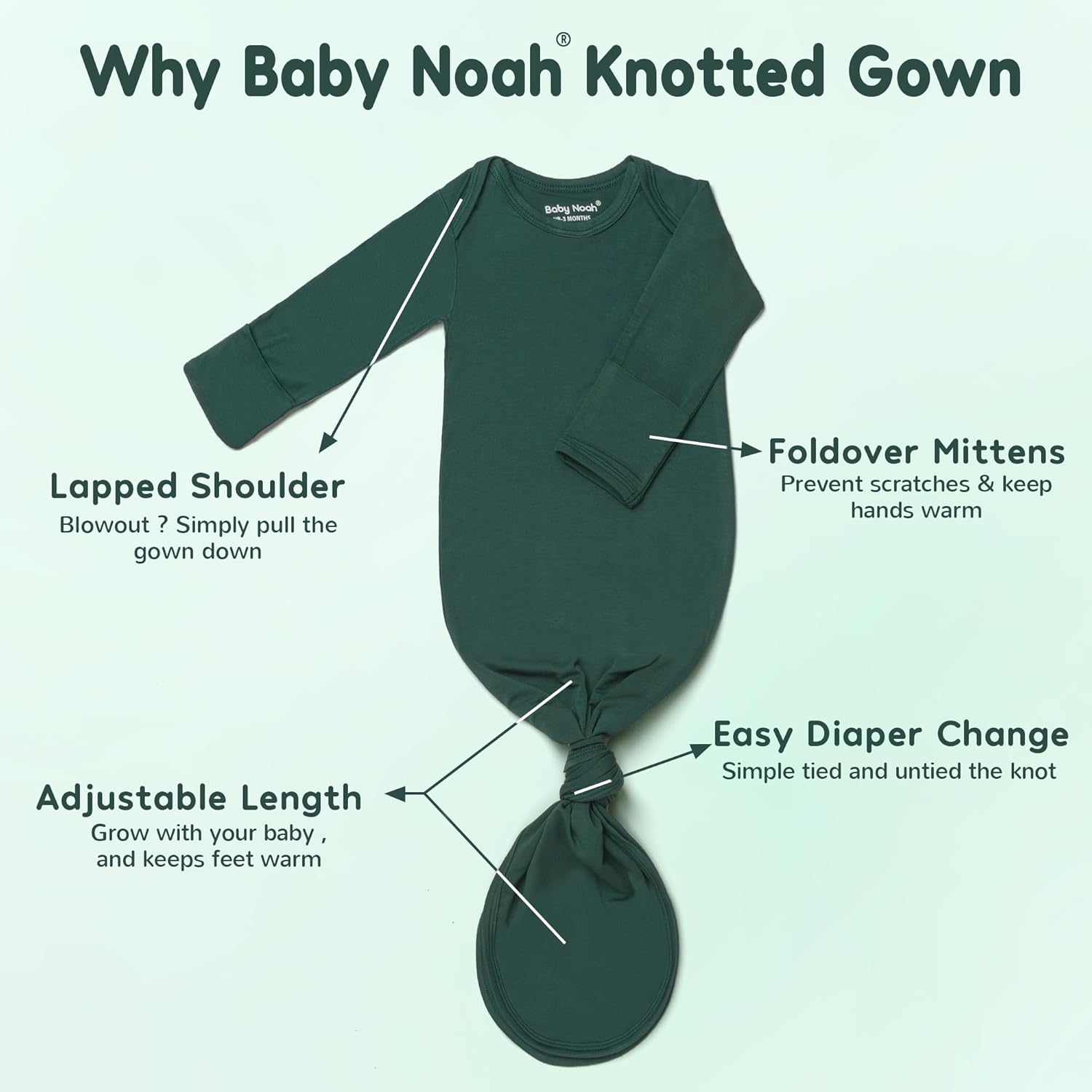 Newborn Baby Knotted Gown, Super Soft Silky Infant Long Sleeve Sleeper for Baby Girl and Boy Sleeping Bag with Hat (Peacock Green, 0-3 Months) - Image 5