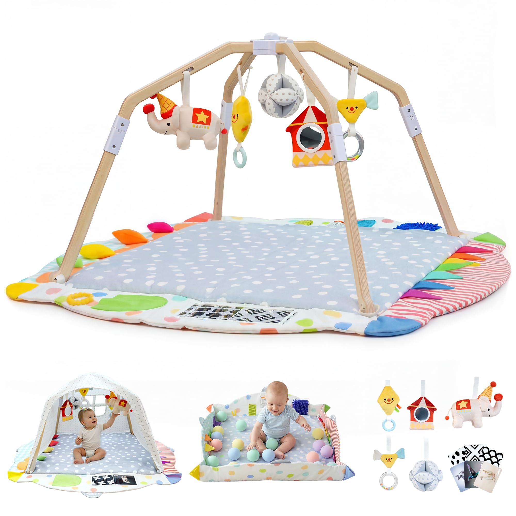 Kizfarm Baby Play Gym Mat 5 Developmental Zones Wooden Tummy Time Mat Baby Activity Mat with 5 Detachable