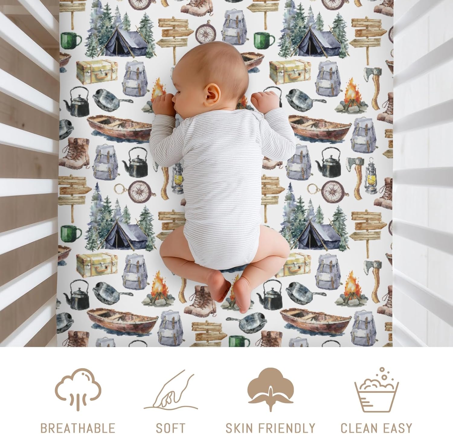 Camping Adventure Baby Crib Sheets for Boy Girl Hiking Camping Soft Snug Fitted Crib Mattress Covers for Standard Crib & Toddler Mattress Nature Wildlife Trees Tents Compass Boats Bed Sheets 52''x28''