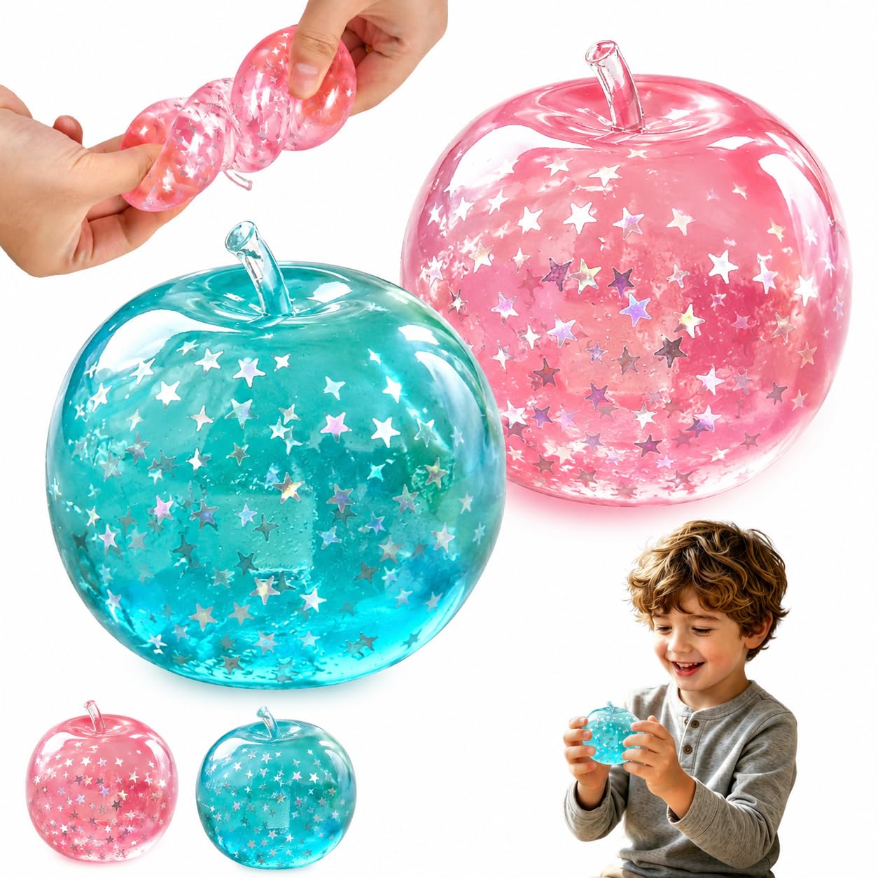 2PCS Apple Squishy Stress Balls, Slow Rising Squishy Fidget Toys, Sensory Squeeze Toys with Glitter Star Filling, Sensory Stress Relief Squeeze Toys for Kids Adults, Party Favours & Birthday Gifts