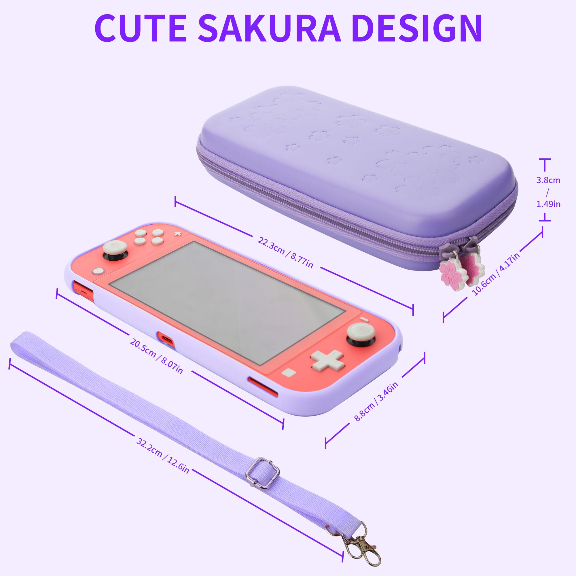 GLDRAM Custodia da trasporto per Nintendo Switch Lite, set di accessori con custodia da viaggio Sakura viola, custodia protettiva in morbido TPU, pellicola protettiva per schermo HD, 2 simpatiche