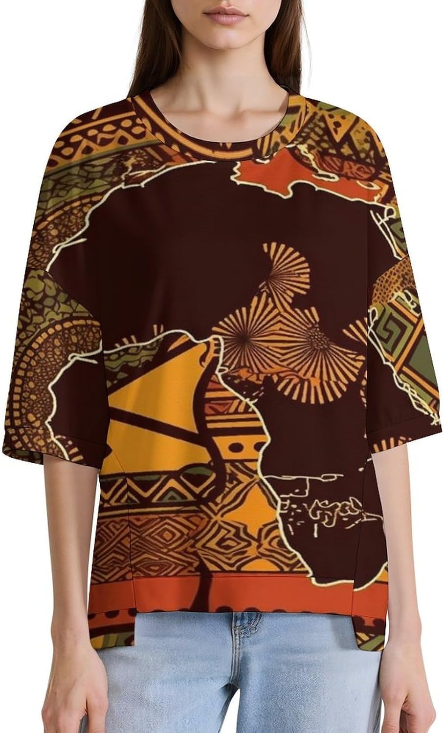 African Map Ethnic Pattern T Shirts for Women Casual Short Sleeve Shirt Crewneck Sweatshirts High Low Loose Blouse Tops