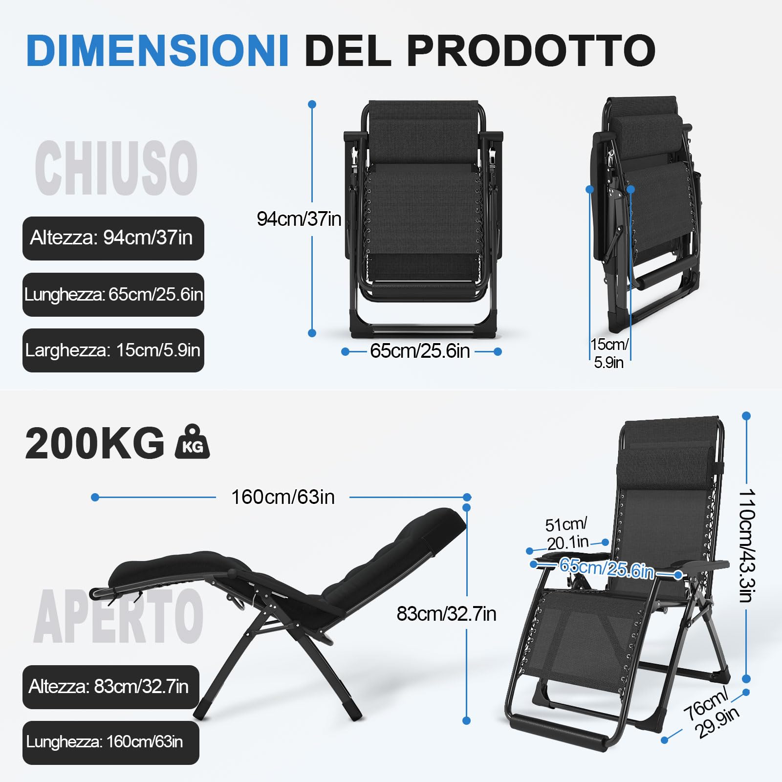 Generazione2 Poltrona Sdraio Pieghevole da Giardino, Sedia Sdraio Imbottita con Supporto Imbottito, Schienale Regolabile e Cuscino per il Collo, Portata 200 kg, Nero, 65cm