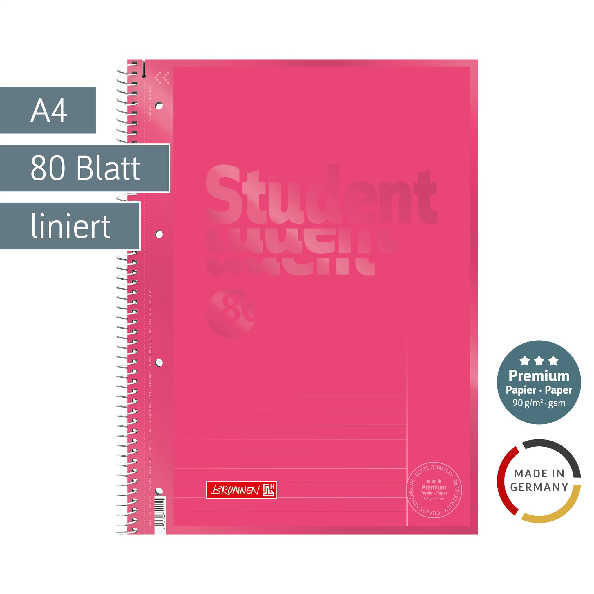 BRUNNEN Collegeblock Premium Student Colour Code | A4, liniatura 25, 80 arkuszy, tulip