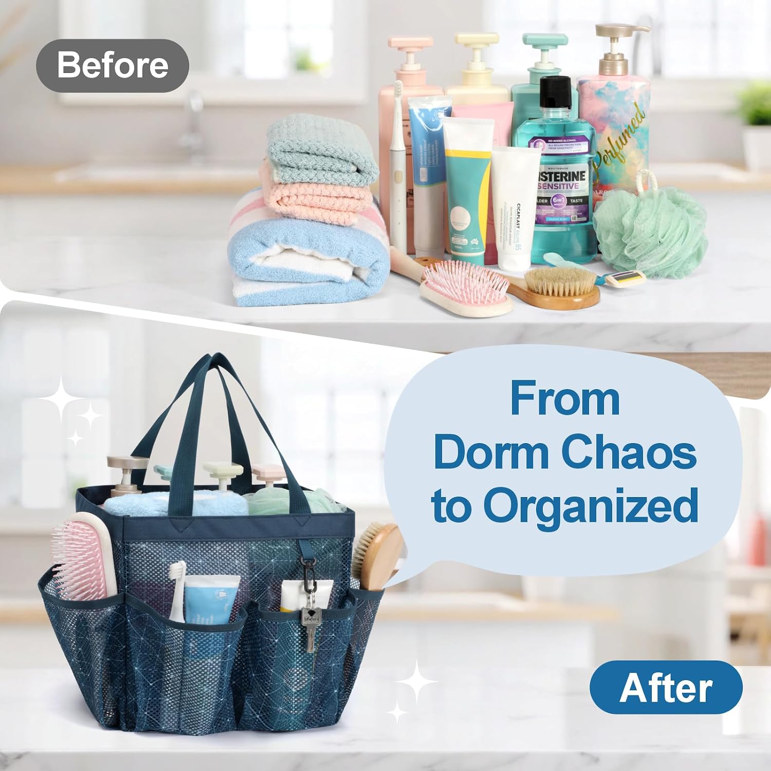 Mesh Shower Caddy Portable - 8 Pockets, S-Hook, Shower Bag for Dorm Camping | 2-Handle, Quick-Dry, Toiletry Organizer, College Dorm Room Essentials for Girls, Gym, Travel & Bathroom, Starlight Navy