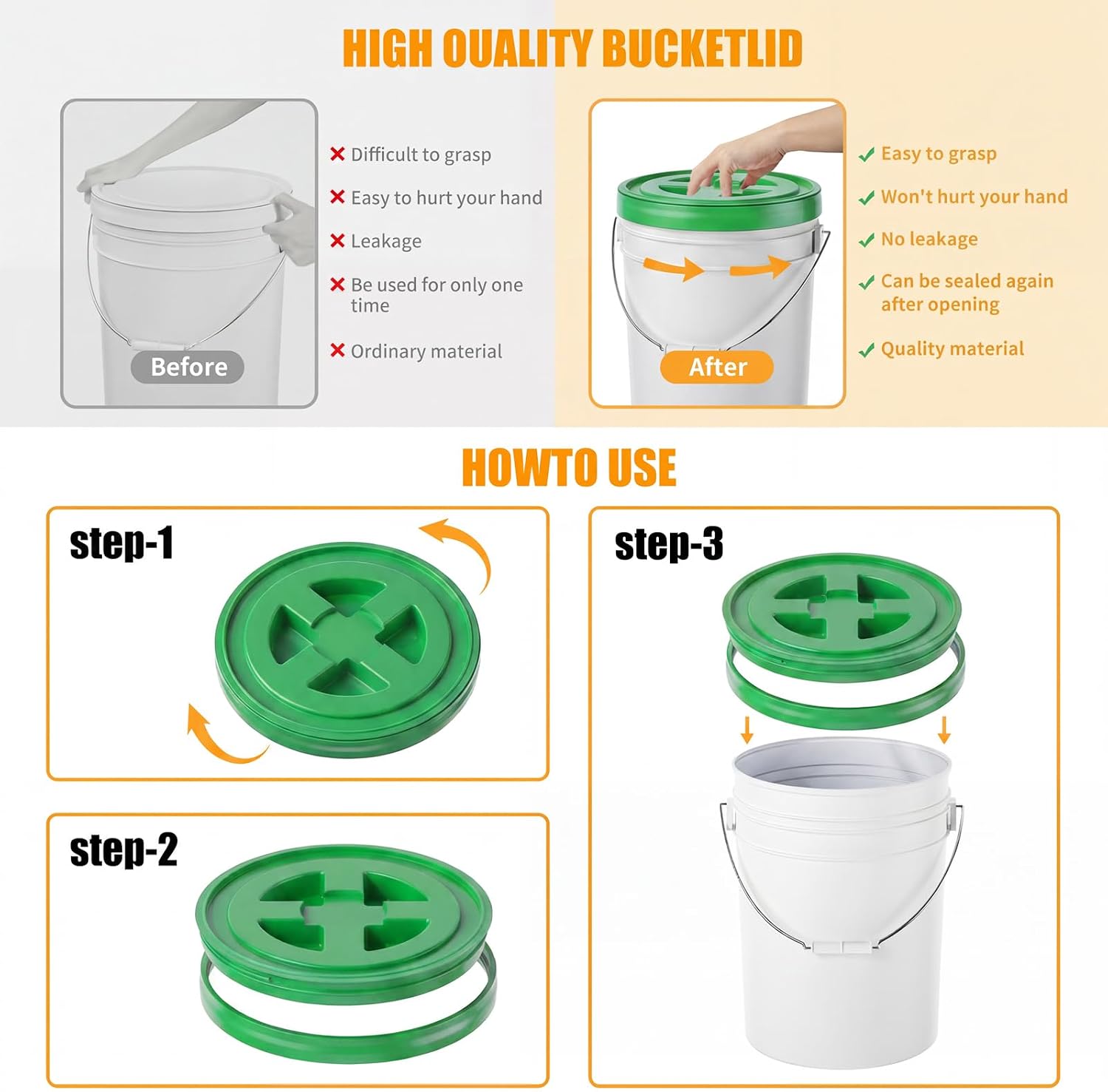 4 Pieces 5 Gallon Bucket Lids, 12inch Leak-proof Plastic Seal Screw Top Airtight Lid, Reusable Drum & Pail Lid for Pet Food Storage, Home Paint Storage and Industrial Storage Buckets -Green