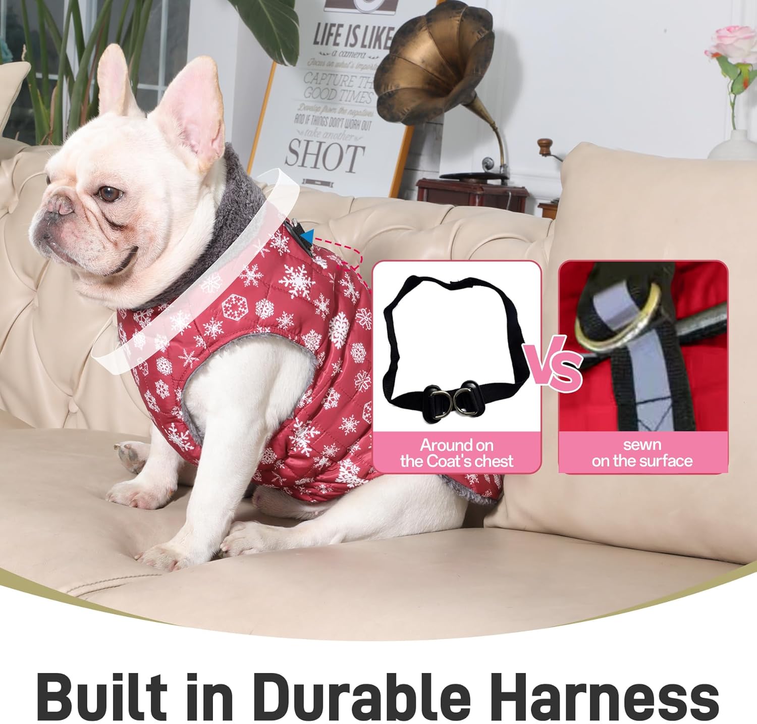JoyDaog Warm Fleece Dog Coats with Durable Harness Buitl in D-Ring,Waterproof Puppy Jacket for Small Dogs,Dog Vest for Cold Winter,Red,Snow Pattern S