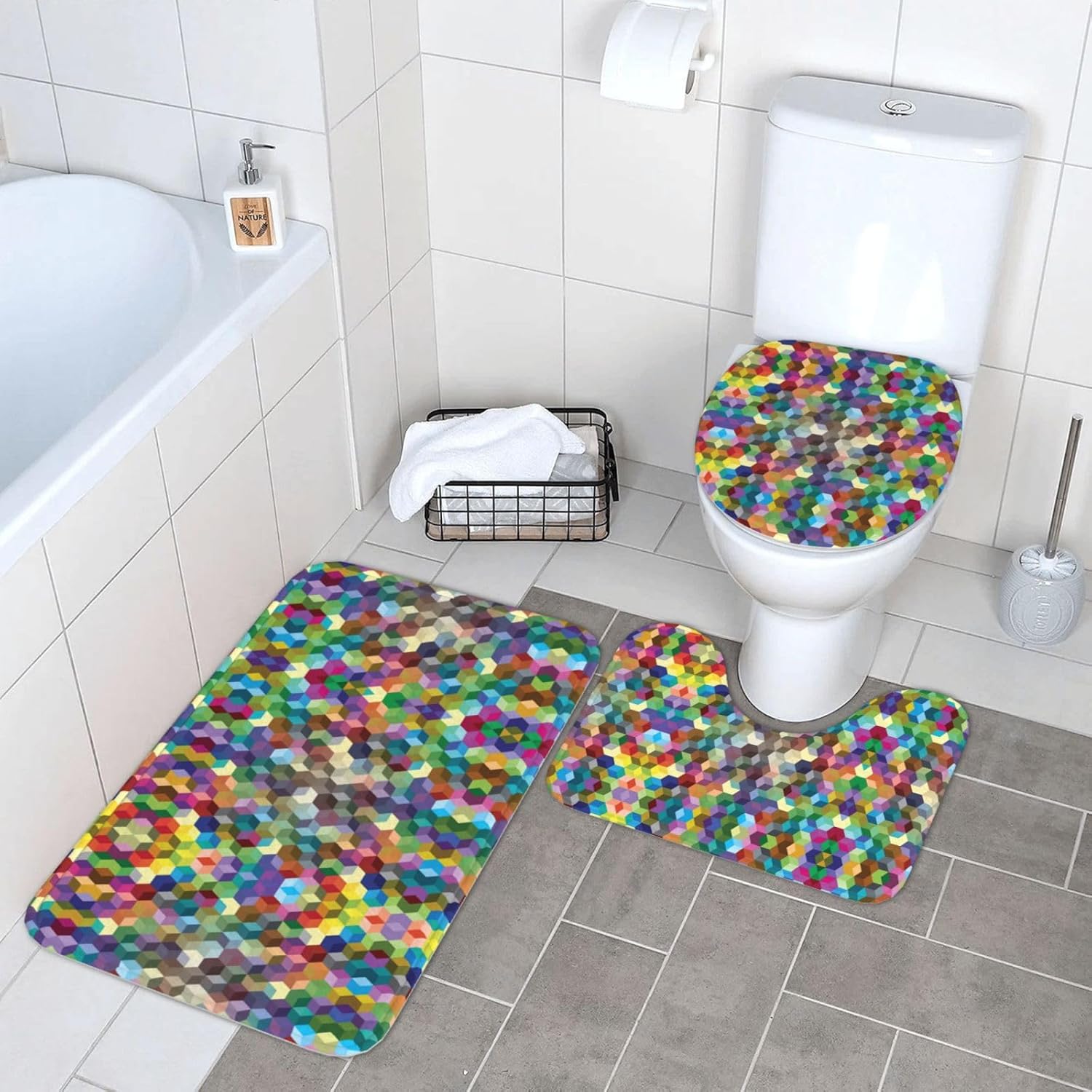 Abstract Color Cubes Purple Print 3 Piece Bathroom Rugs Set,Bath Mat and Toilet Mat and Toilet Lid Cover for Home Decorative