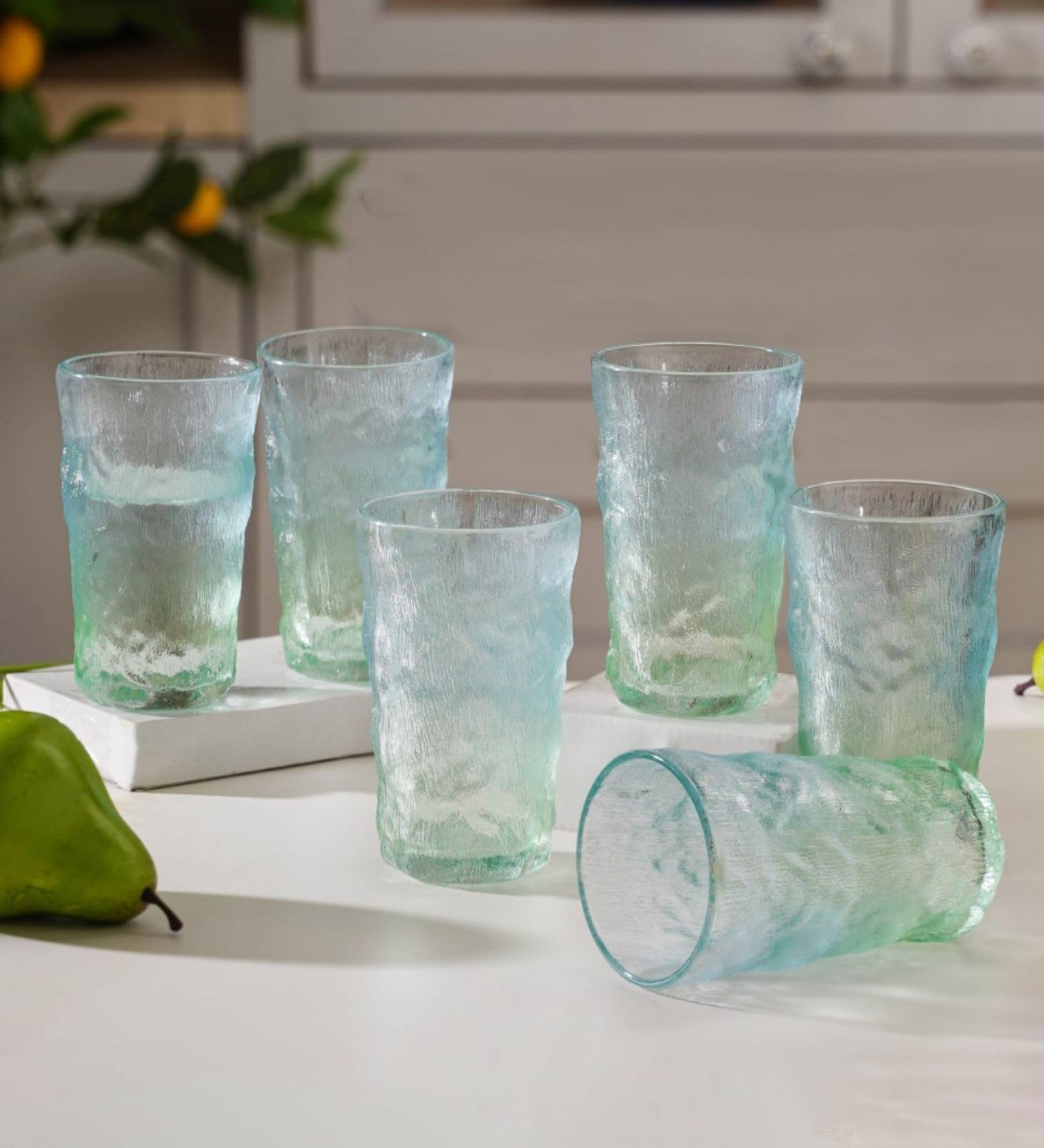 Nestasia Water Glasses Set of 6 (350ml) - Transparent Ombre Glacier Tempered Juice Glass Set, Tall Drinking Glass Tumblers for Cold Drinks, Mocktails & Daily Use